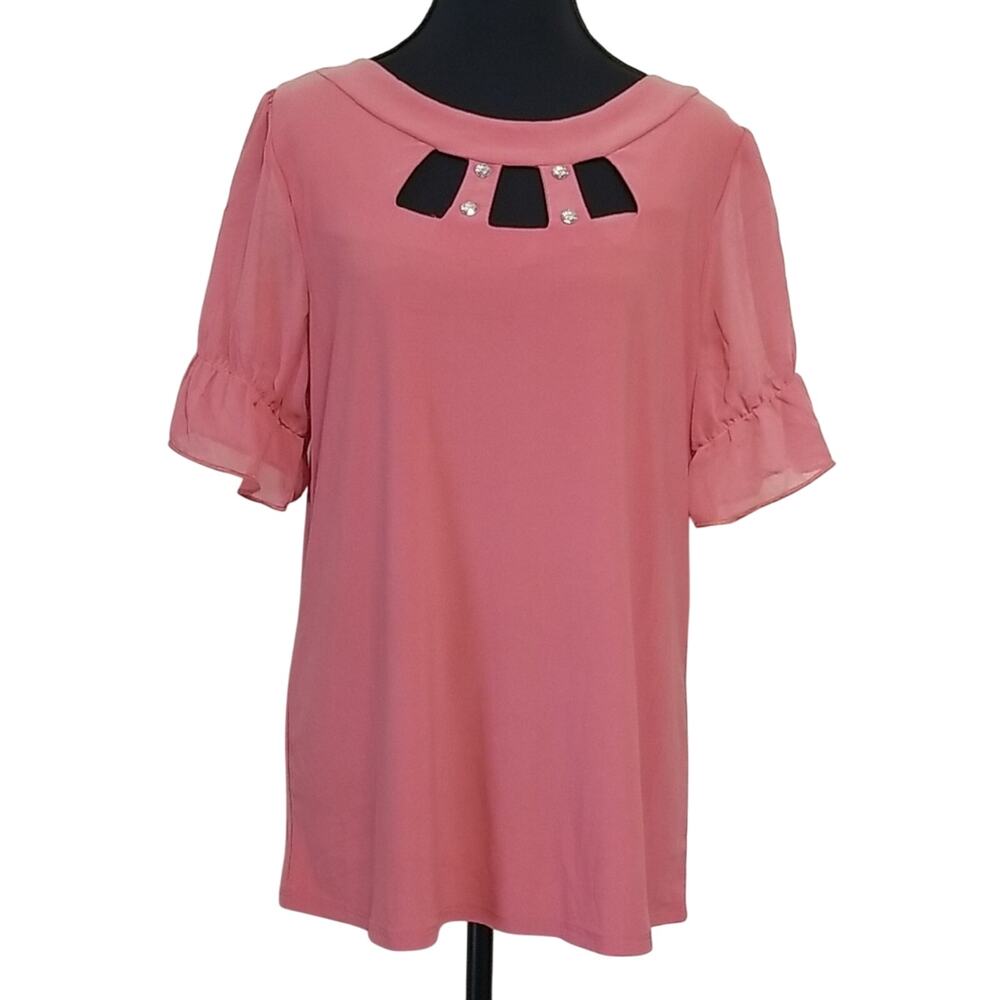 Adele & May Blush Pink Rhinestone Neckline Sheer Sleeve Blouse Career Office L